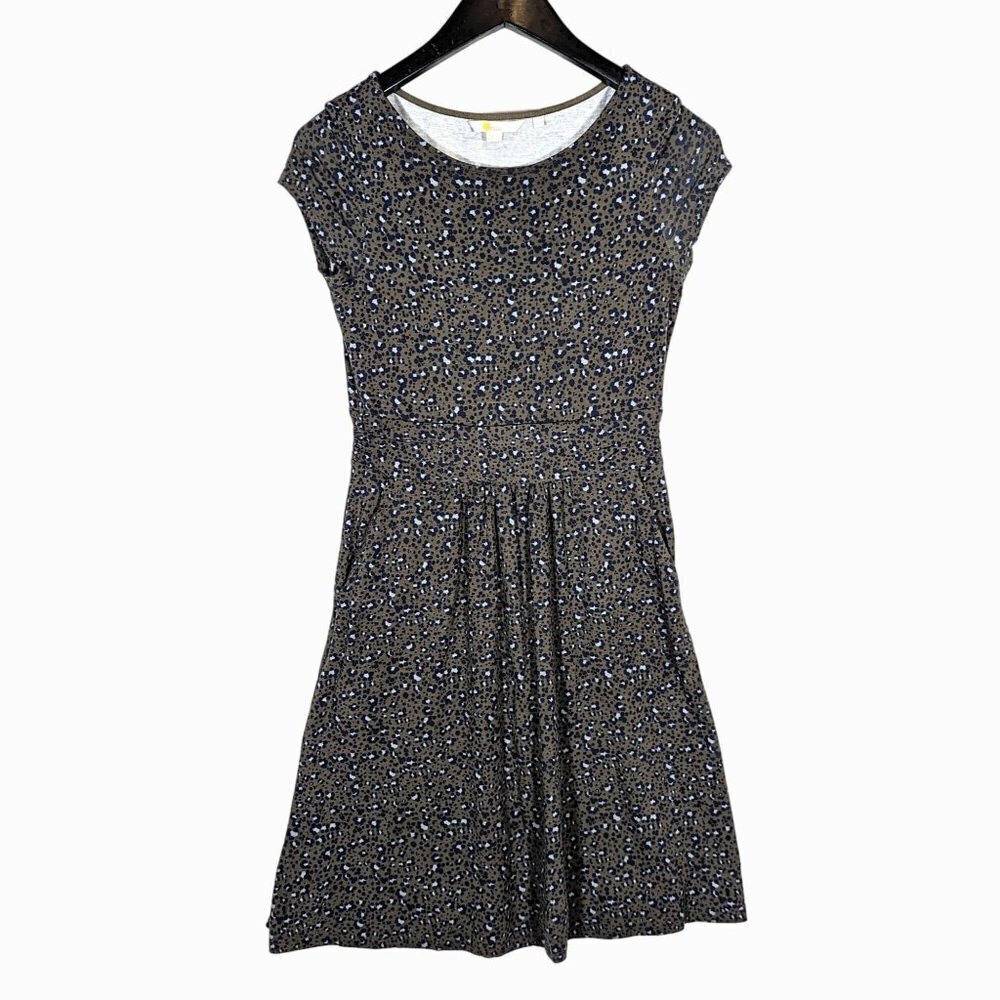 Boden Amelie Jersey Dress Stretch Olive Leopard Print Size 2 Casual Pockets Mini